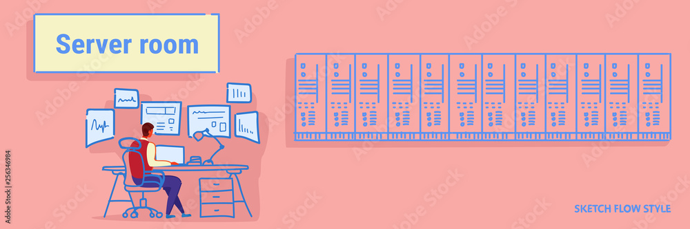 man sitting workplace desk working in data center room hosting server computer monitoring concept information database rear view worker sketch flow style horizontal banner