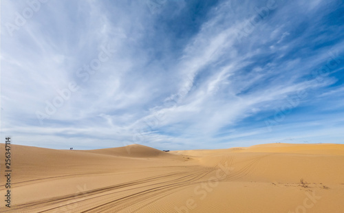 Desert sand dunes ripples in blue sky, White sand dunes in Mui Ne, Vietnam.