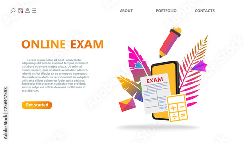 Online testing or exam service concept. Online education concept banner with minimalistic icons. Computer phone devices for distance learning. Business school template landing page - flat vector