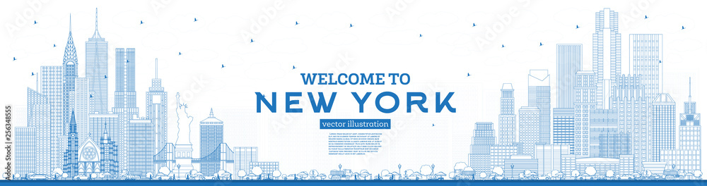 Outline Welcome to New York USA Skyline with Blue Buildings.