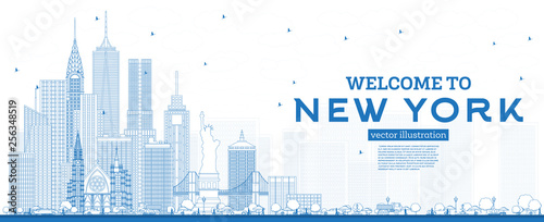 Outline Welcome to New York USA Skyline with Blue Buildings.