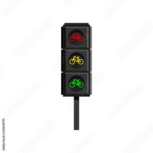 Vertical traffic light with motorcycles figures isolated on white background