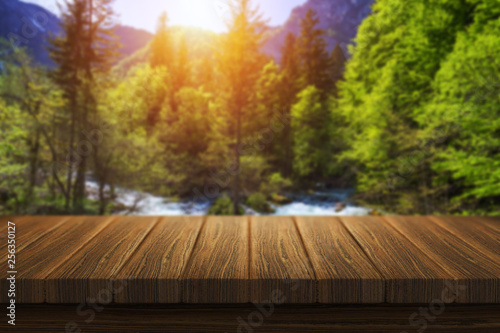 Empty wooden table in front of abstract blurred background in nature, can be used for display or montage your products. Mock up for display of product