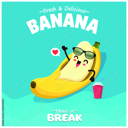 Vintage summer poster design with vector banana character. 