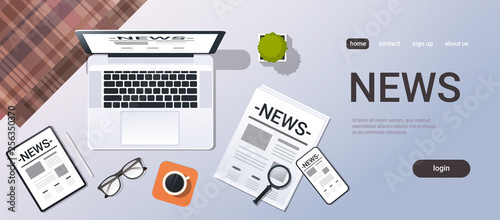 mass media news concept top angle view desktop laptop smartphone tablet newspaper office stuff horizontal copy space