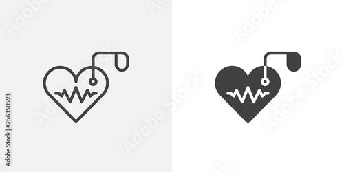 Artificial cardiac pacemaker icon. line and glyph version, outline and filled vector sign. Heart and heartbeat linear and full pictogram. Cardiology symbol logo illustration. Different style icons set photo