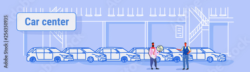 seller man with buyer car purchase sale or rental concept cars dealership center showroom building interior sketch flow style full length horizontal banner vector illustration
