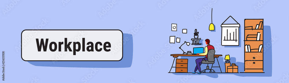 man using laptop sitting workplace desk concept working cabinet furniture modern office interior design sketch doodle horizontal banner man using laptop sitting workplace desk concept working cabinet furniture modern office interior design sketch doodle horizontal banner