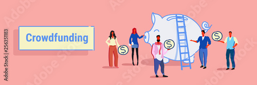 businesspeople group investment money investor crowdfunding concept business people investing dollar coins piggy bank crowd funding sketch horizontal banner