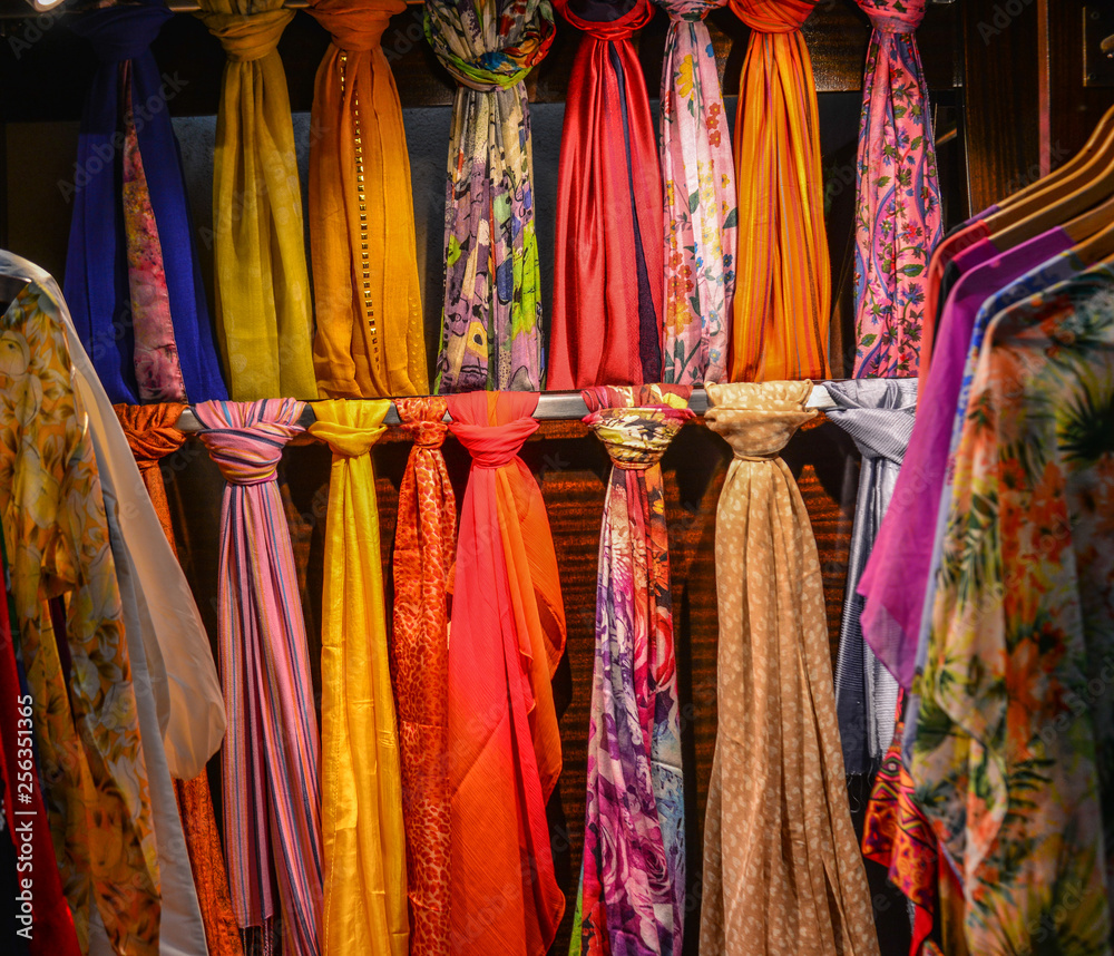 Selling textile (silk) at street market