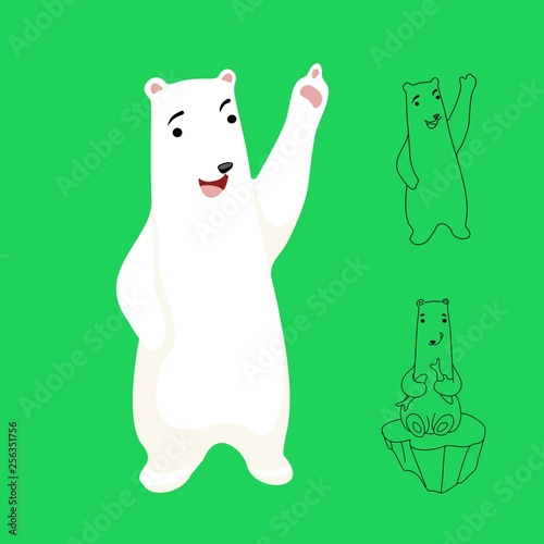 Vector illustration. Without background. Cute polar bear. Cheerful character. The bear waves his hand. EPS. Bear points up. Bear on an ice floe with fish, contour.