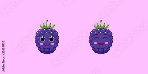 Cute Kawaii Blackberry, Cartoon Ripe Fruit. Vector