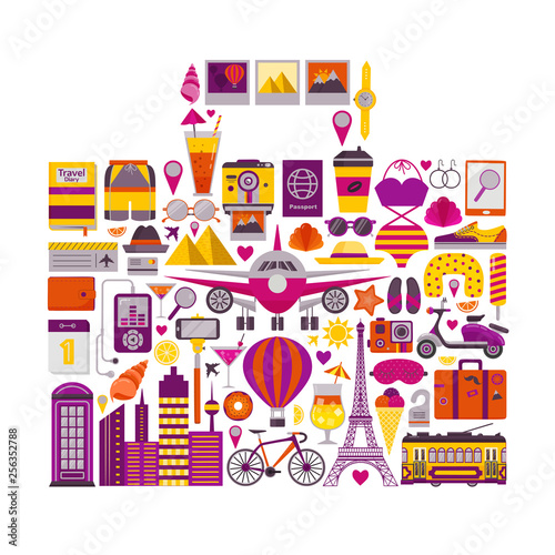 Summer holiday vacation travel print with airplane, bicycle, tram, cameras, beach suits, cocktails, stuff, and accessories. Traveling around the world and adventure element icon set in suitcase shape.