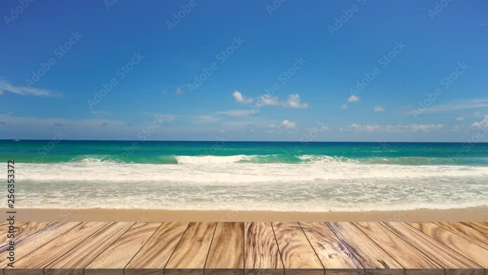wood top table perspective on beach sea background wood top table perspective on beach sea background