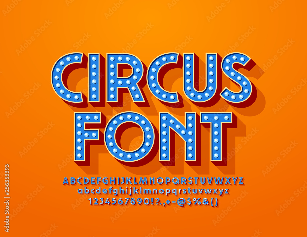 Vector blue Circus Font with electric light bulbs. Glowing lamp Alphabet  Letters, Numbers and Symbols. Stock Vector | Adobe Stock