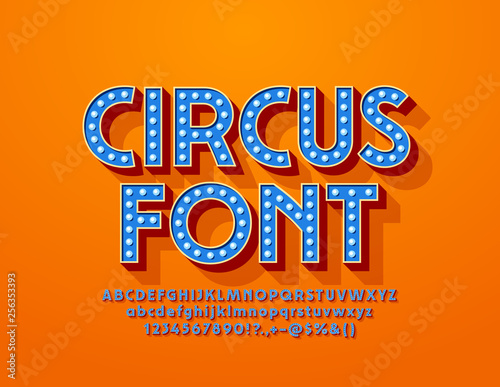 Vector blue Circus Font with electric light bulbs. Glowing lamp Alphabet Letters, Numbers and Symbols.
