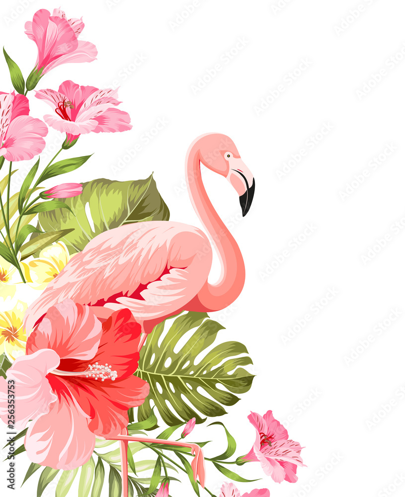 Flamingo background design. Tropical flowers illustration. Fashion
