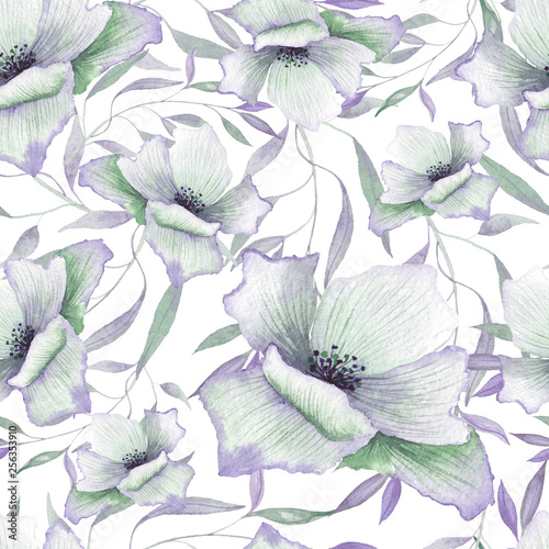 Watercolor floral seamless patterns with purple, lilac, pink flowers, buds, green leaves, branches and twigs for wedding cards, invitations