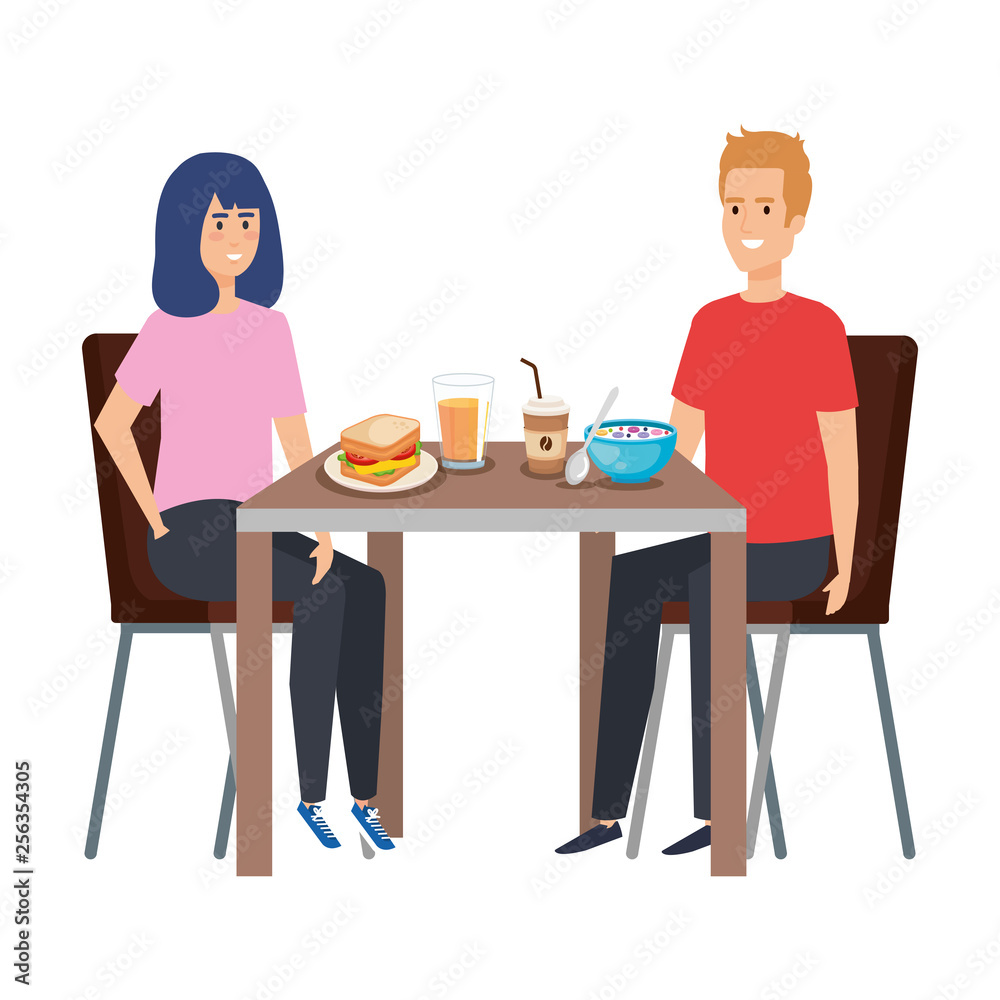 young couple eating in table characters young couple eating in table characters