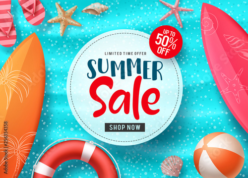 Summer sale vector banner design with colorful beach elements and sale text in white space and blue beach background for shopping seasonal discount promotion . Vector illustration.