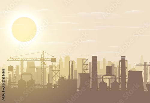 Panoramic industrial silhouette landscape. Smoking factory pipes. Plant pipes, sky with sun. Carbon dioxide emissions. Environment contamination. Pollution of environment co2. Vector illustration