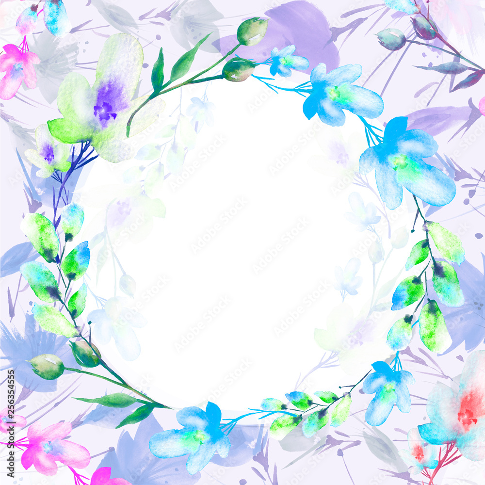 Fototapeta premium Watercolor bouquet of flowers, Beautiful abstract splash of paint, fashion illustration, willow, poppy, chamomile, apple flowers, branch with berry, Apple tree, Linden, field or garden flowers. 