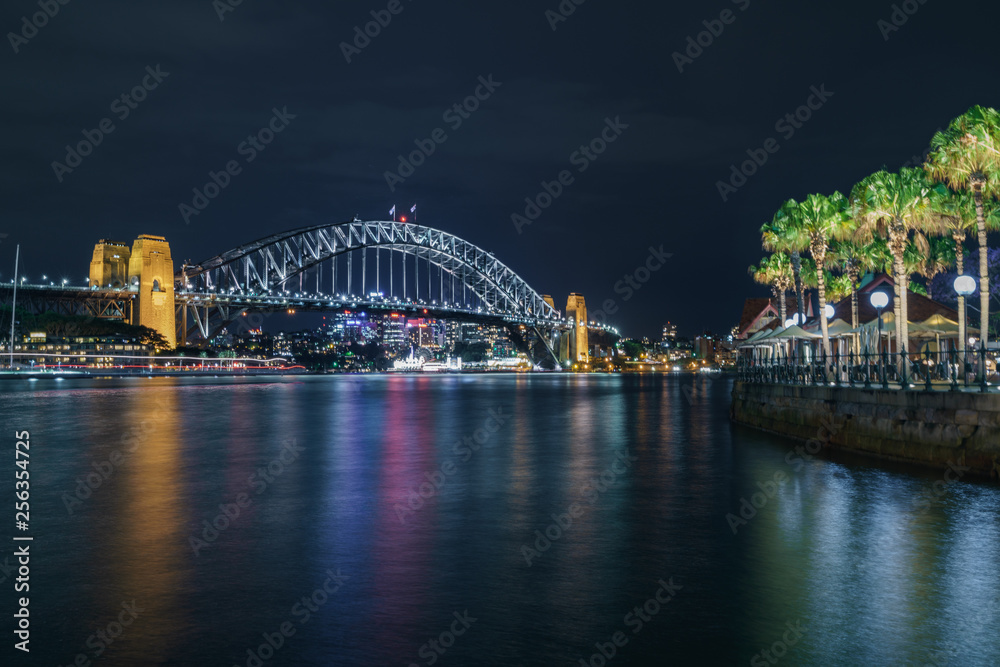 Die Harbour Bridge in Sydney Australien bei Nacht mit Palmen im Vordergrund
