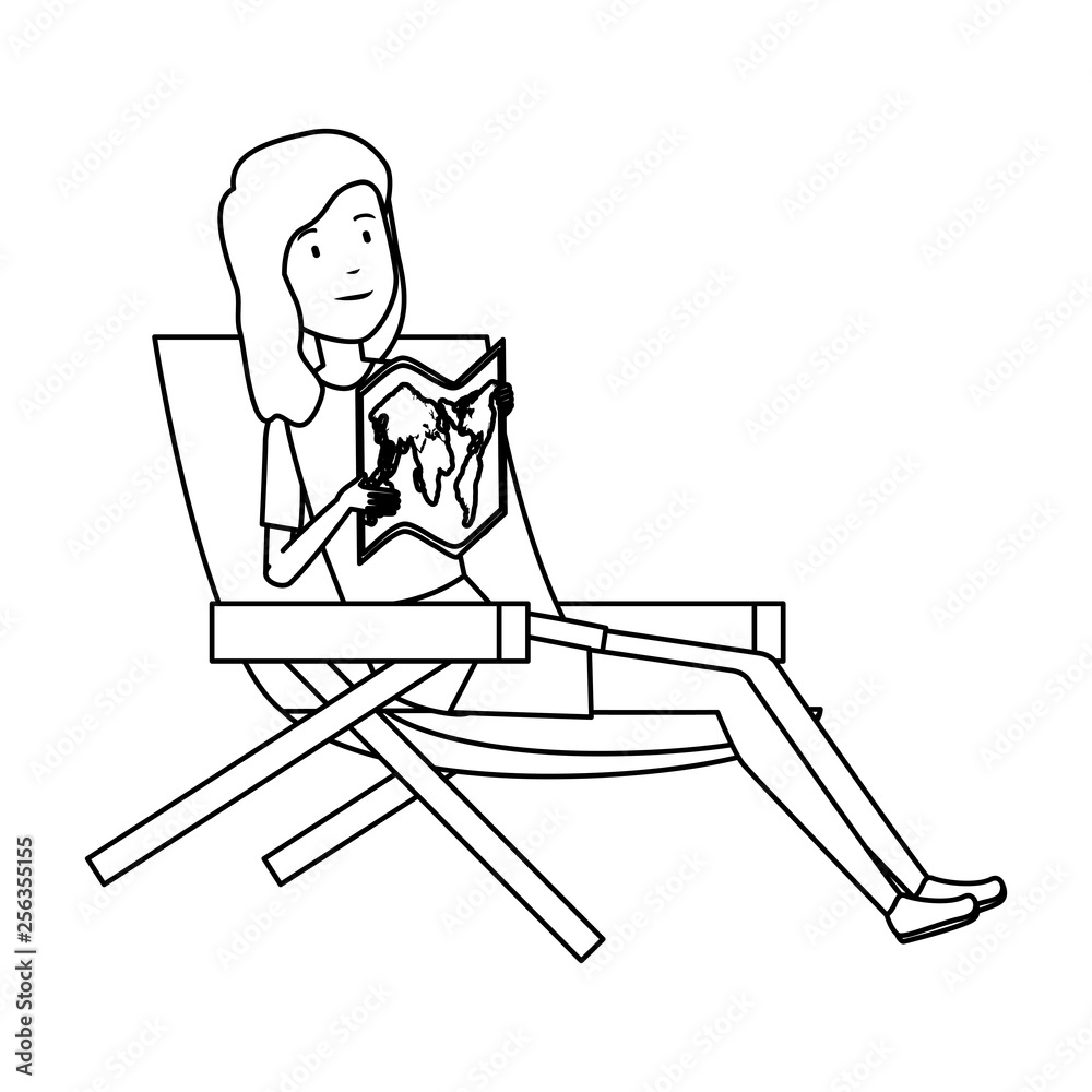 tourist woman sitting in chair with paper map tourist woman sitting in chair with paper map