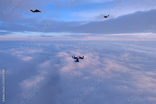Skydivers are falling above pink sunset clouds.