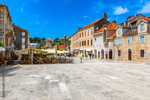 Main square in old medieval town Hvar. Hvar is one of most popular tourist destinations in Croatia in summer. Central Pjaca square of Hvar town, Dalmatia, Croatia.