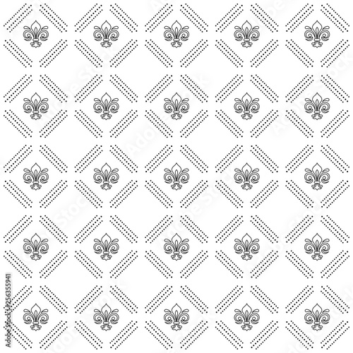Seamless pattern. Modern geometric ornament with royal lilies. Classic vintage black and white background