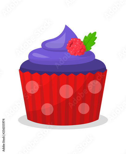 Blue Cupcake with Raspberry Vector Illustration