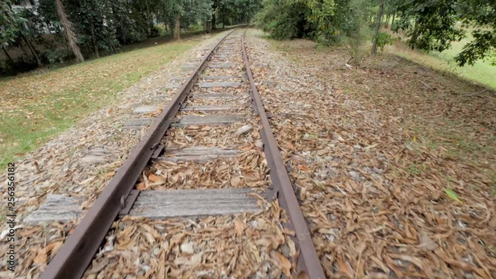 Walking down an abandoned old Train Track with green nature on both sides of track
