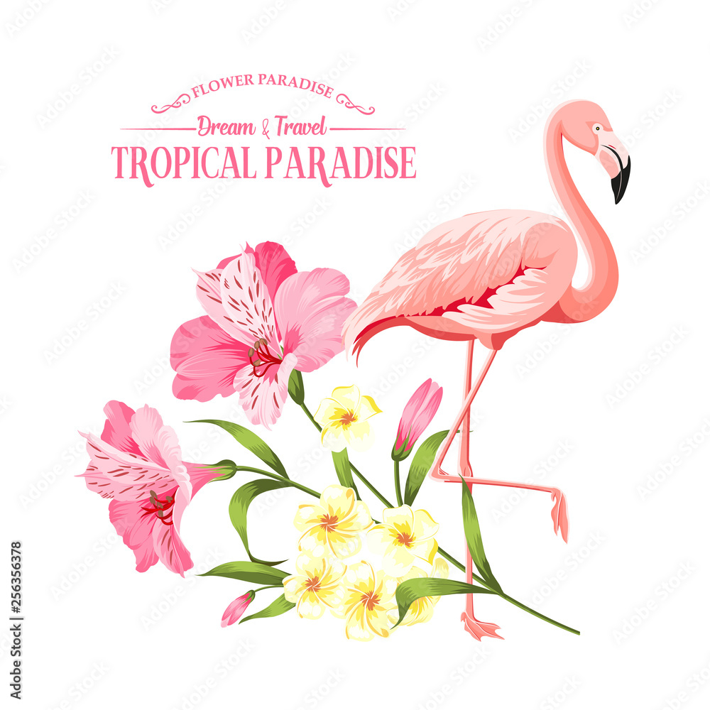 Naklejka premium The flower paradise. Summer illustration with bouquet of green palm leaves and blooming flowers. Beautiful set for vacation design on white background. Vector illustration.