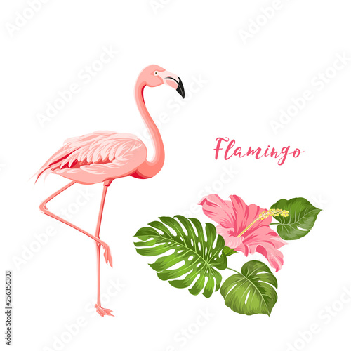 Beautiful tropical image with pink flamingo and plumeria flowers on a white backdrop. Exotic tropical palm tree. Flamingo background and jungle leaf in his beak. The Natural background. © Kotkoa
