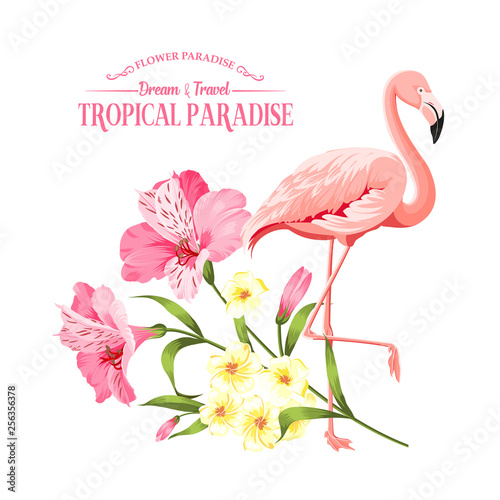 The flower paradise. Summer illustration with bouquet of green palm leaves and blooming flowers. Beautiful set for vacation design on white background. Vector illustration. © Kotkoa
