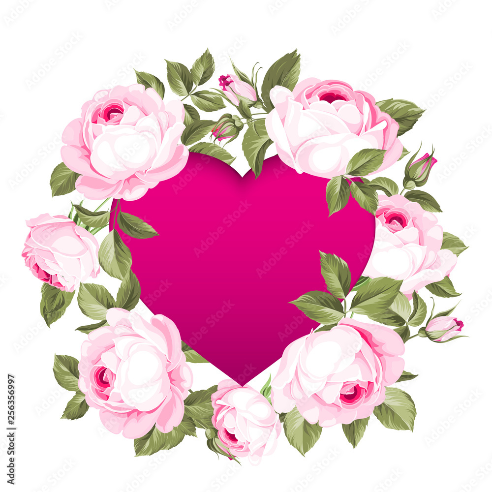 Red heart in the middle of the image. Blooming flowers garland around text place isolated over white background. Vector illustration.