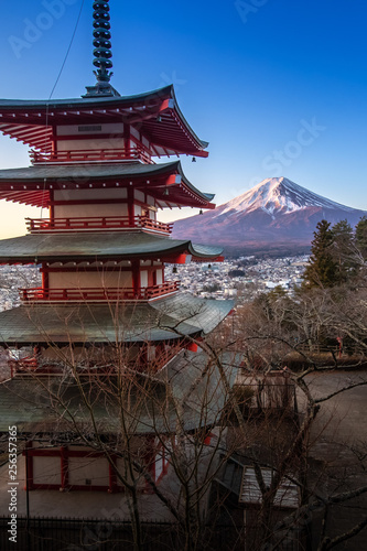 Chureito pagoda and Mt. Fuji in morning winter