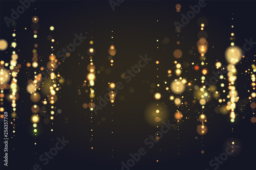 Golden bokeh sparkle glitter lights luxury background. Abstract defocused circular party magic christmas background. Elegant, shiny, metallic gold background. EPS 10.