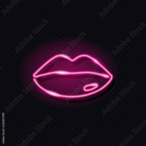 Neon glowing icon of female pink lips isolated on dark background. Girly, fashion, make up, cosmetics, sexy concept. Night neon signboard style. Vector 10 EPS illustration.