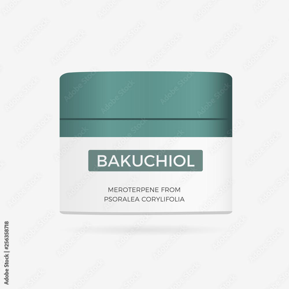 Bakuchiol - natural Retinol Alternative Meroterpene from Psoralea corylifolia healthy plant. Bottles cream with chemical formula.
