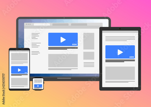 Responsive web design flat vector concept with multiple devices - Laptop, tablet PC, mobile phone and smart watch isolated on bright gradient background