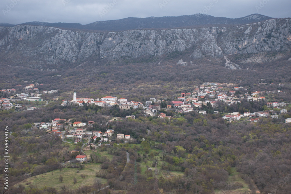 Panoramic view of Bribir town in the bottom of the mountain, Croatia