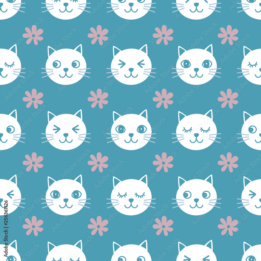 Seamless cat pattern. Blue background. Vector illustration.