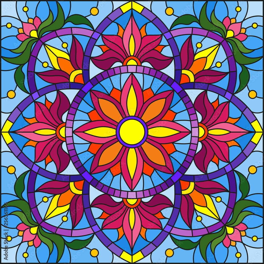 Illustration in stained glass style with abstract floral ornaments, flowers, leaves and curls on blue background, square image Illustration in stained glass style with abstract floral ornaments, flowers, leaves and curls on blue background, square image
