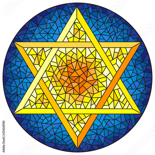 Illustration in stained glass style six-pointed star of David, yellow star on a blue background, round image