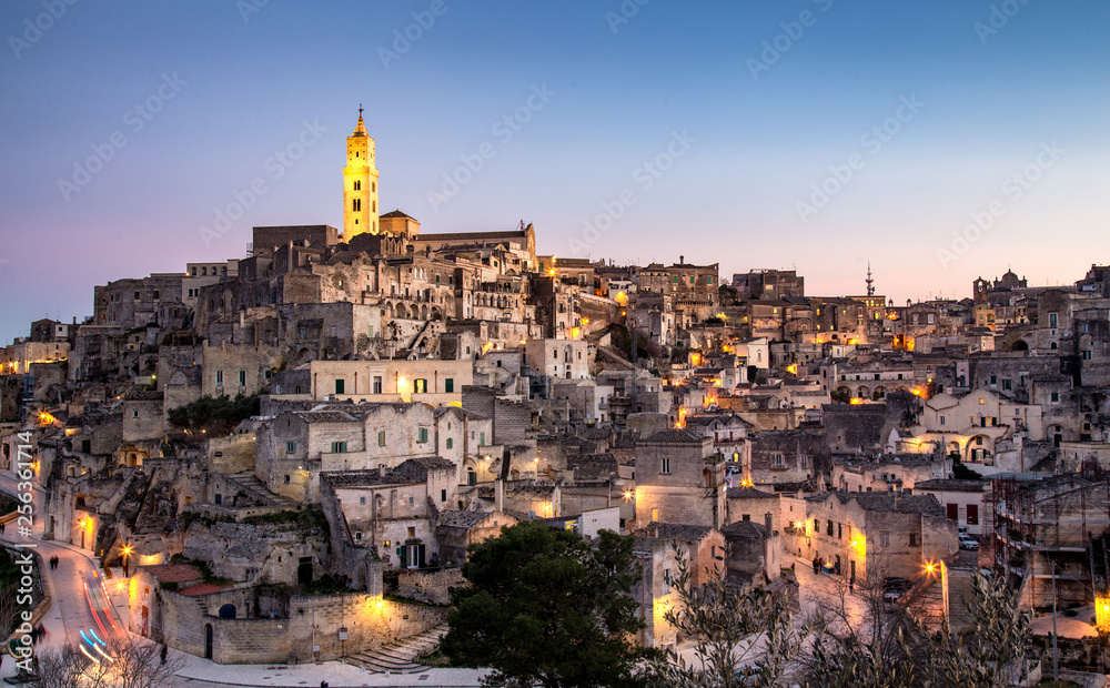 Panoramic view to the town of Matera in Italy with historic buildings. Unesco heritage site