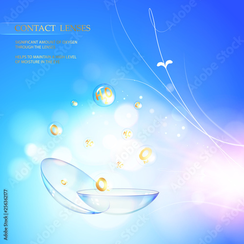 Science illustration for medical design. Contact lens concept with water wave flow over blue background and two eye lenses. Vector illustration.