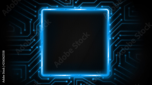 3D Rendering of rectangle frame glowing in blue color on computer circuit background. For use as product show case, high technology item, digital abstraction, binary data concept.