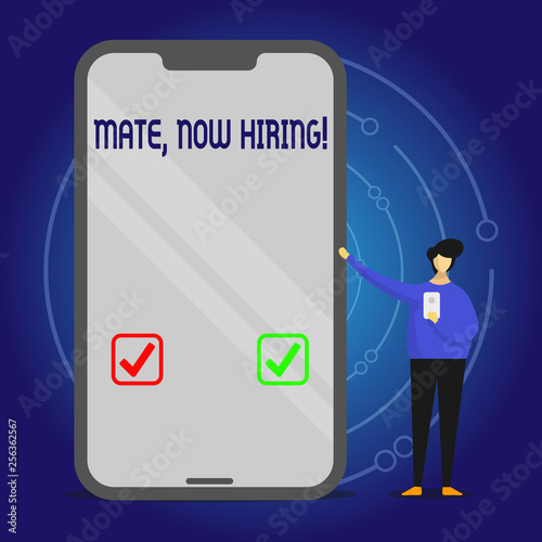 Writing note showing Mate Now Hiring. Business concept for Workforce Wanted Employees Recruitment Man Presenting Huge Smartphone while Holding Another Mobile